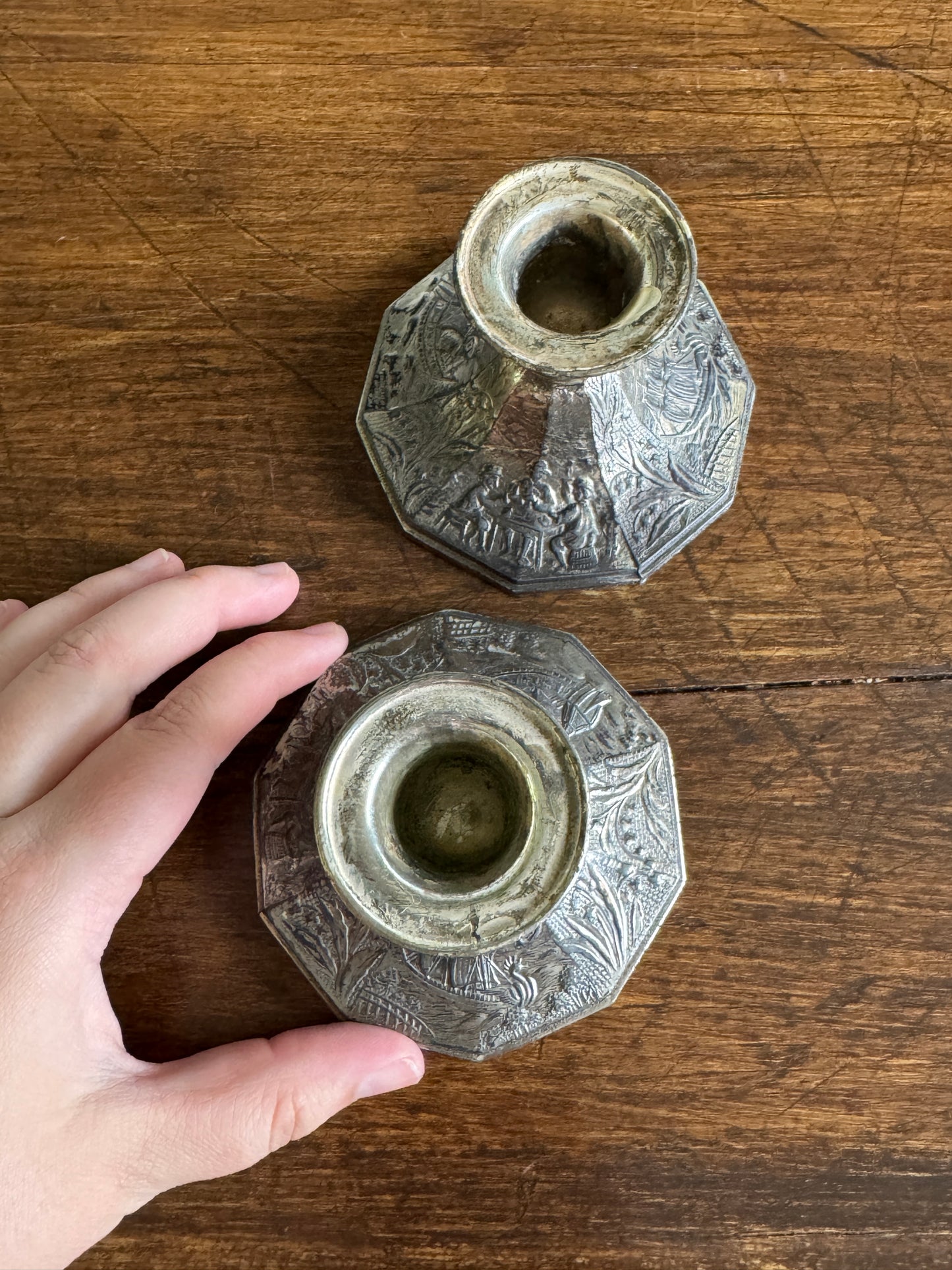 Pair of Etched Silver-Tone Repousse Candle Holders