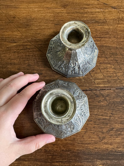 Pair of Etched Silver-Tone Repousse Candle Holders