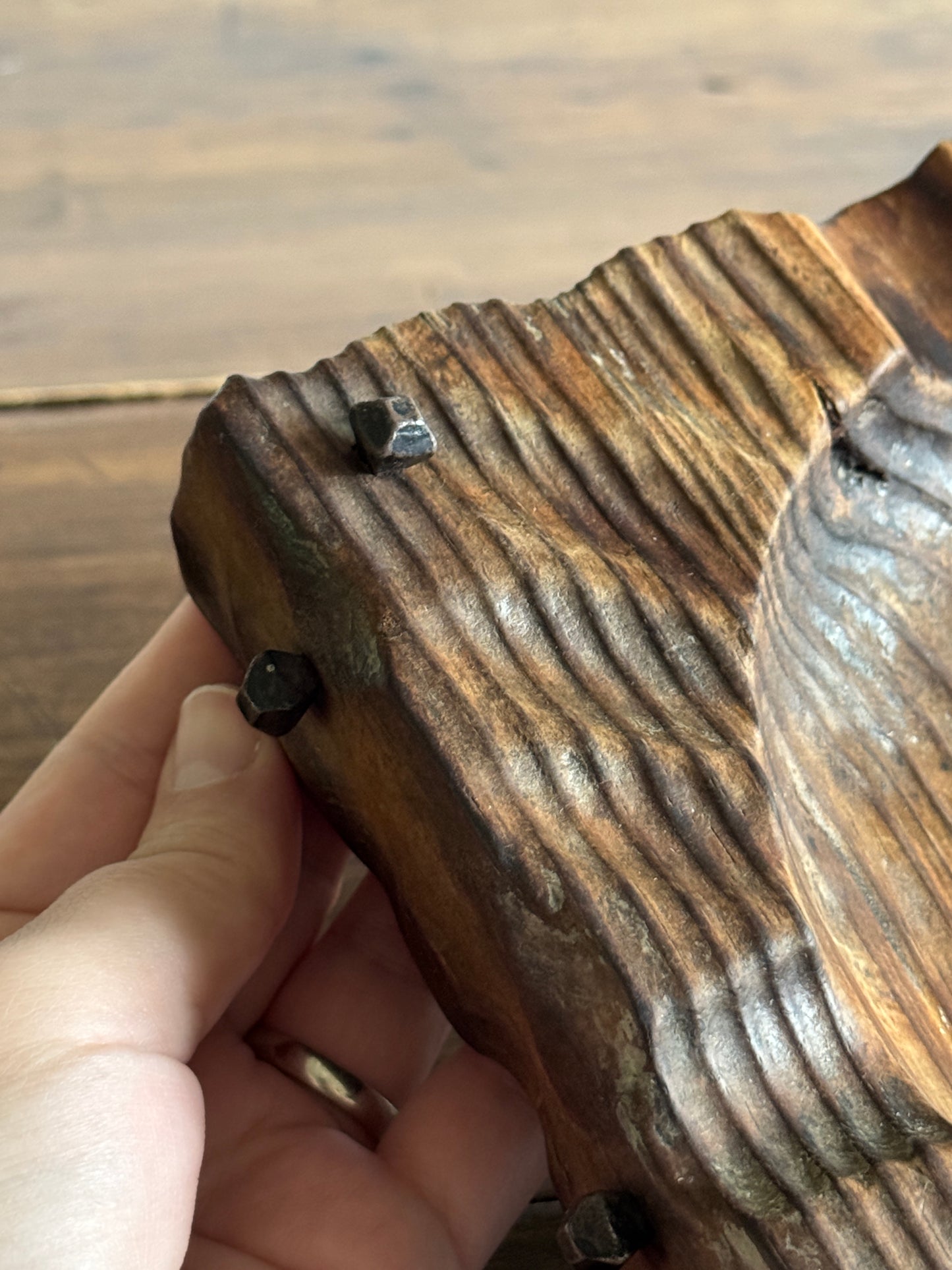 Rustic Wood Ashtray or Catchall Bowl with Metal Nail Accents