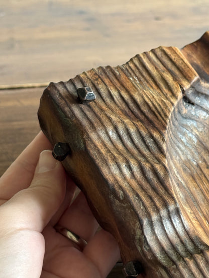Rustic Wood Ashtray or Catchall Bowl with Metal Nail Accents
