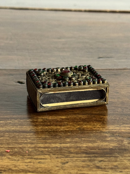 Small Decorative Metal Filigree and Glass Beaded Match Box Cover/Holder
