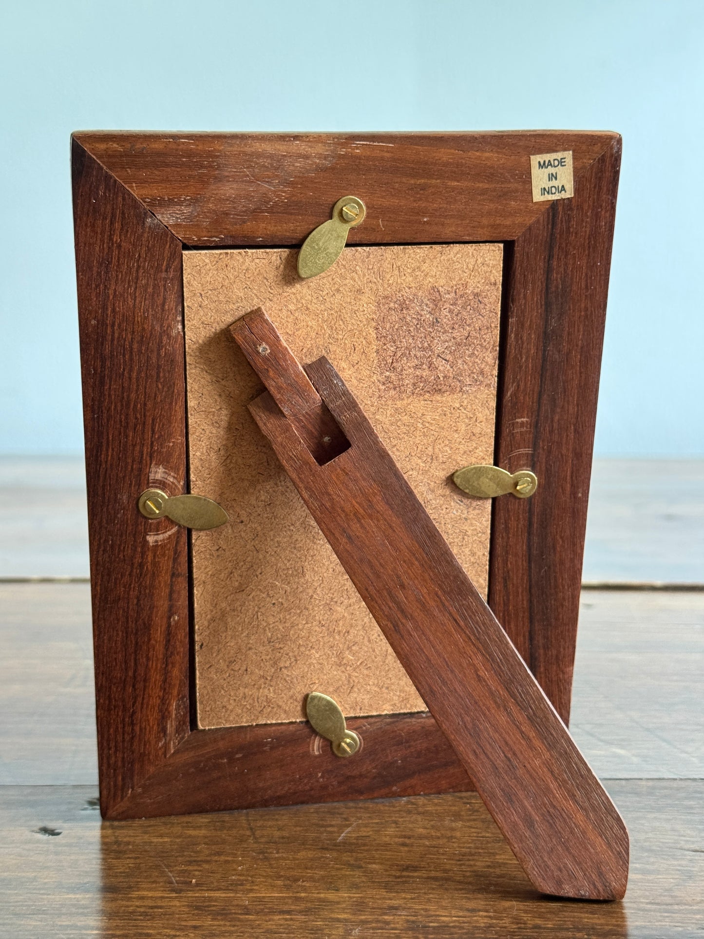 Wood Etched Frame with Floral Carvings and Brass Accents - Made in India
