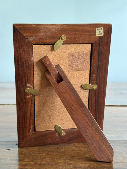 Wood Etched Frame with Floral Carvings and Brass Accents - Made in India
