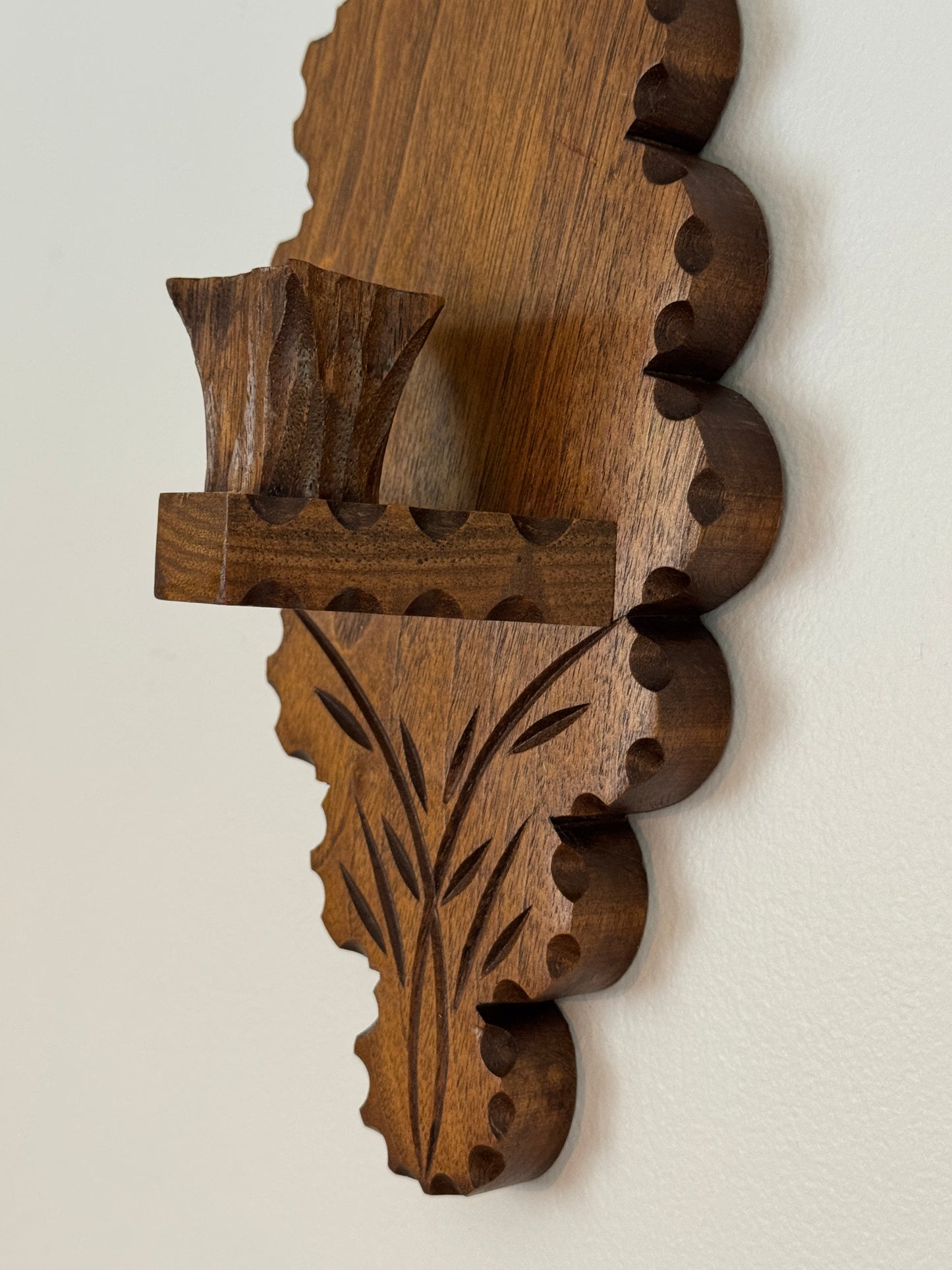 Vintage Wood Folk Art Carved Candle Sconce - Wall Mounted
