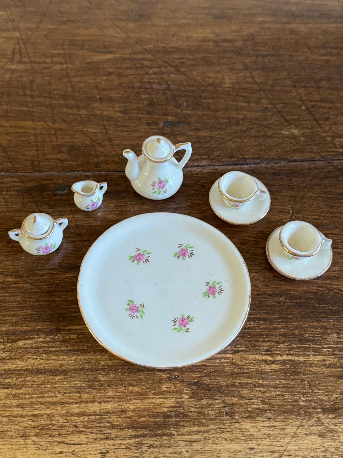 Vintage Unmarked Miniature Tea Set with Dainty Pink Flowers