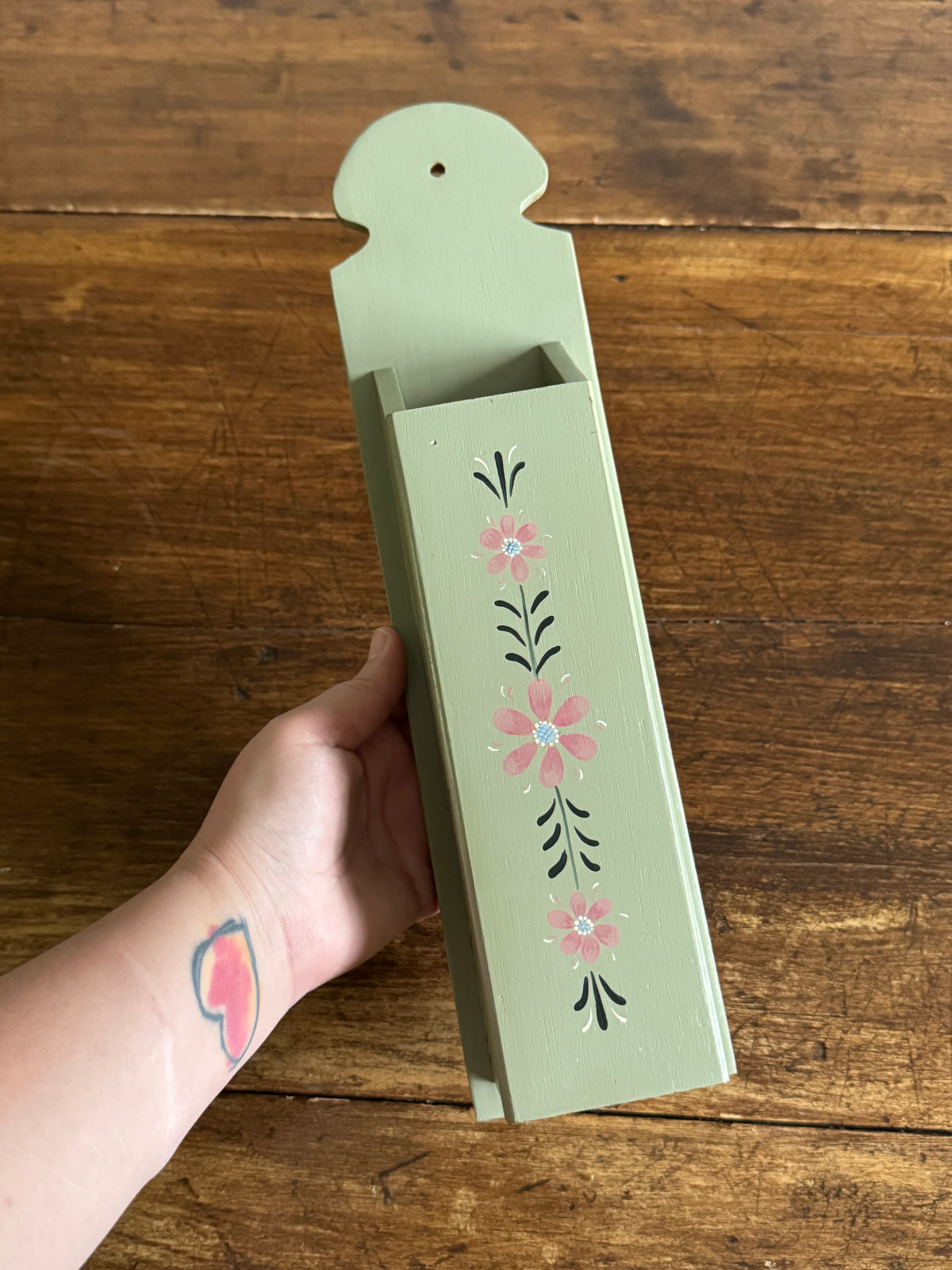 Wooden Painted Long Match Holder with Flower Embellishment