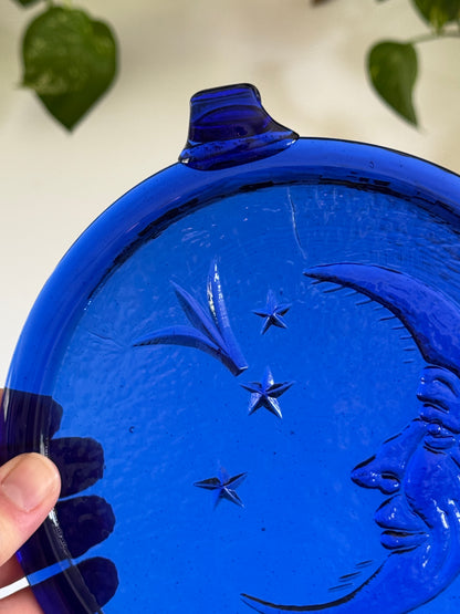 Vintage Cobalt Blue Glass Sun Catch with Man in the Moon Face and Stars
