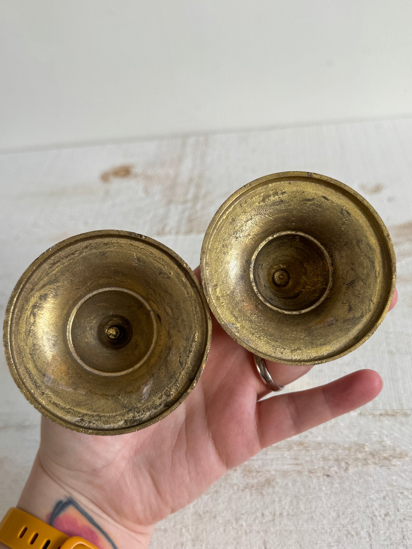 Set of Two Vintage Brass Plated Candle Stick Holders with Patina - Brass Candlestick Holder - Made in India