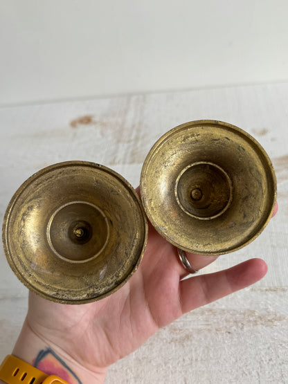 Set of Two Vintage Brass Plated Candle Stick Holders with Patina - Brass Candlestick Holder - Made in India