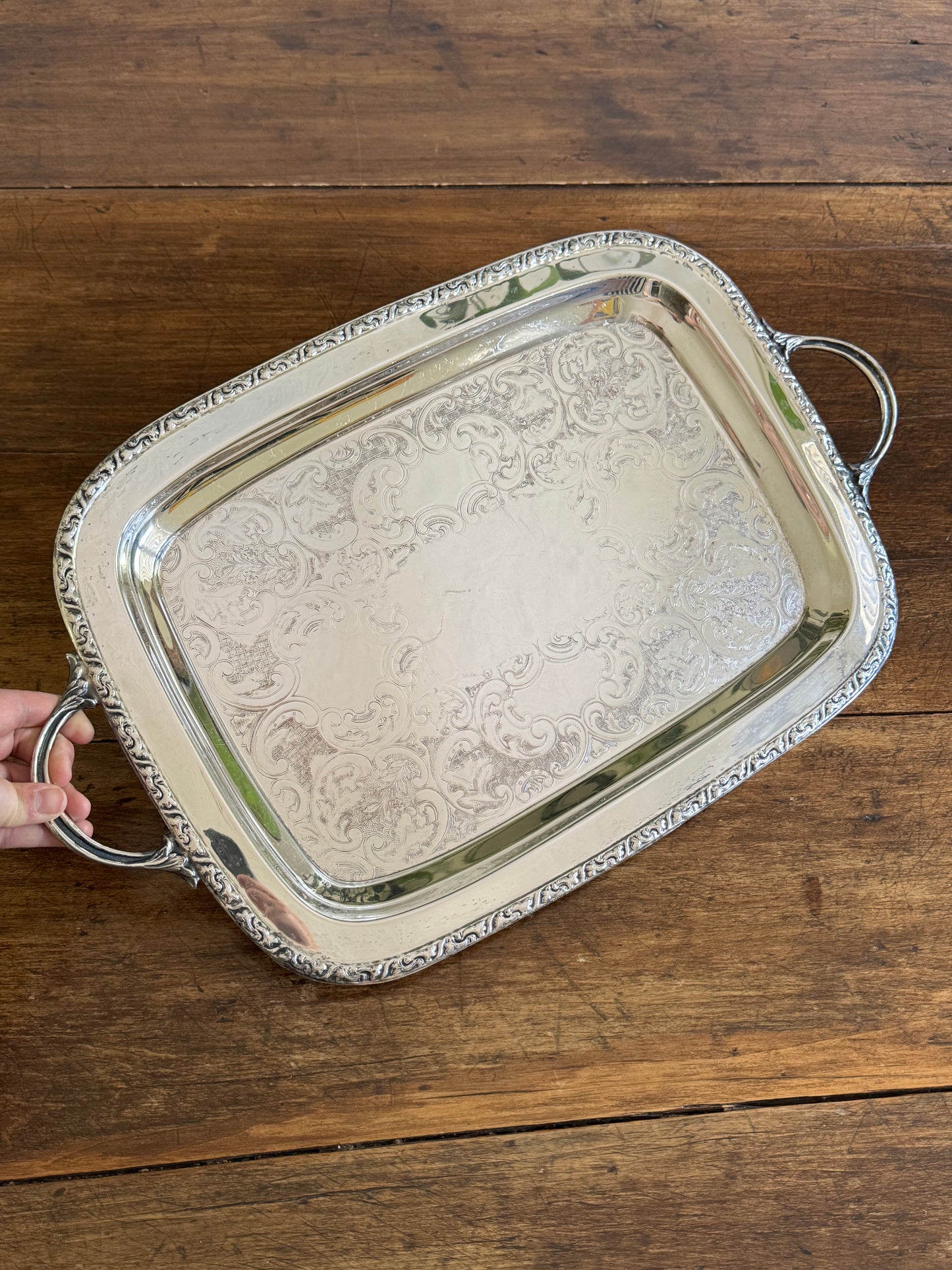 Large Cororel Silver Plated Platter with Double Handles and Etched Detailing