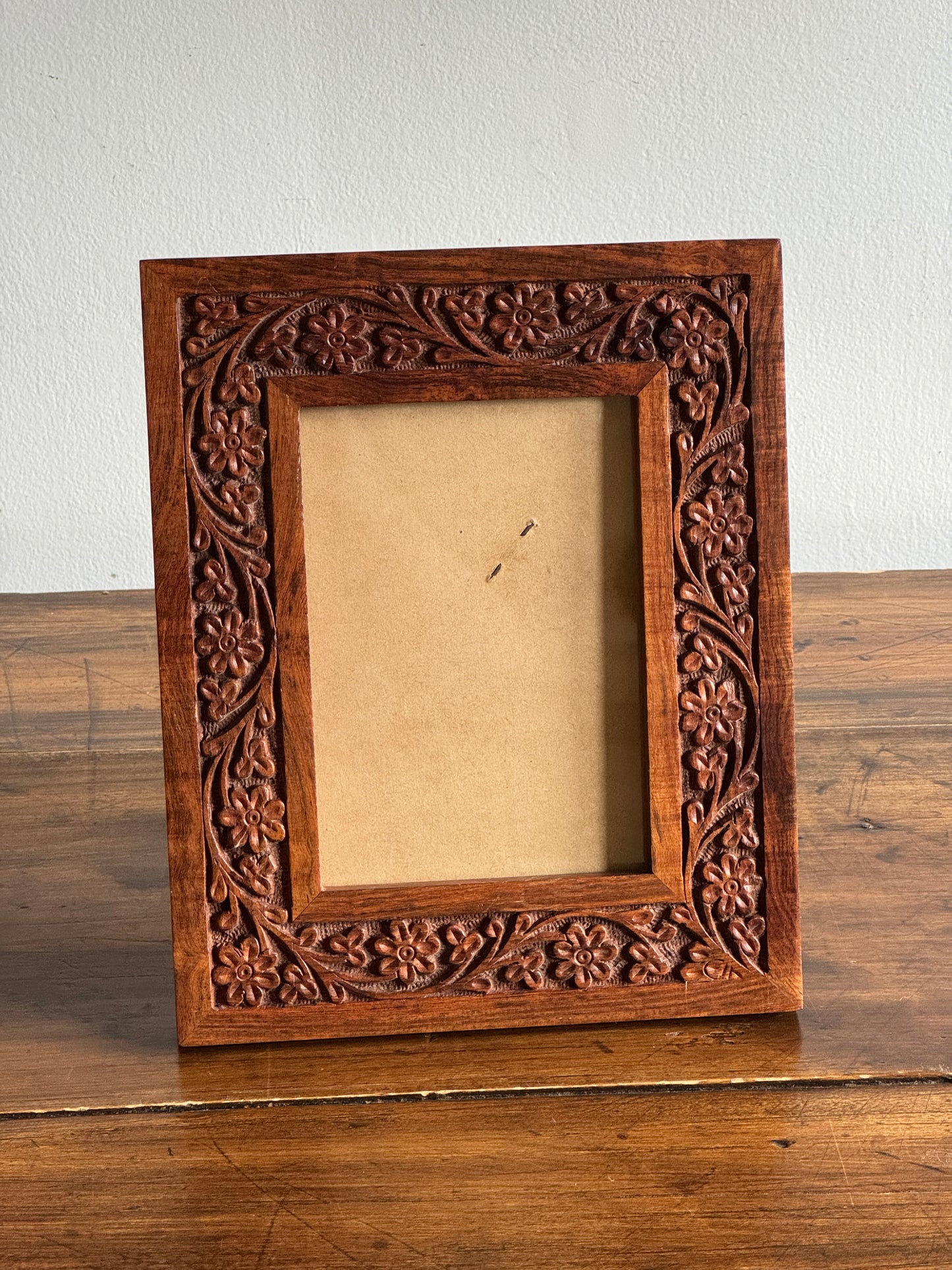 Wood Carved Picture Frame with Detailed Florals - Made in India