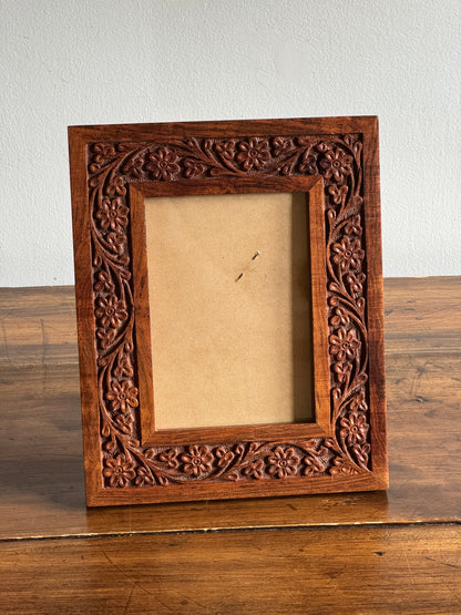 Wood Carved Picture Frame with Detailed Florals - Made in India