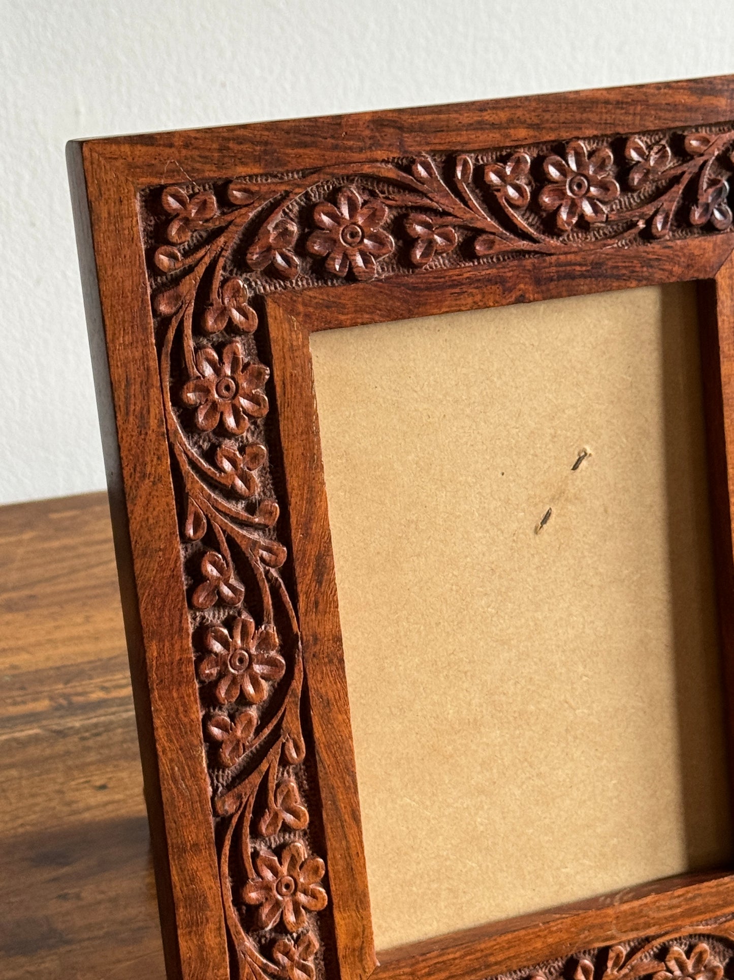 Wood Carved Picture Frame with Detailed Florals - Made in India
