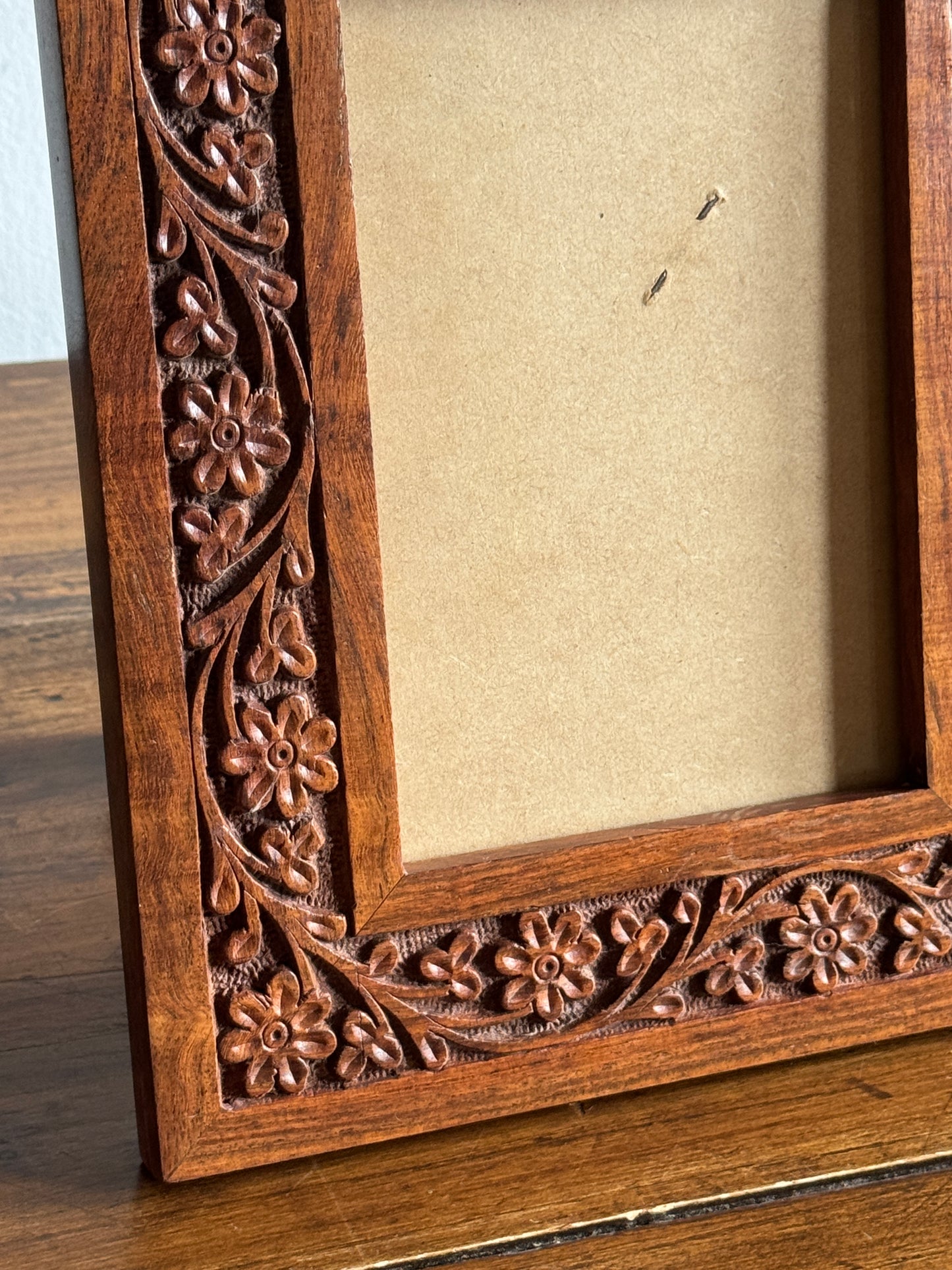 Wood Carved Picture Frame with Detailed Florals - Made in India
