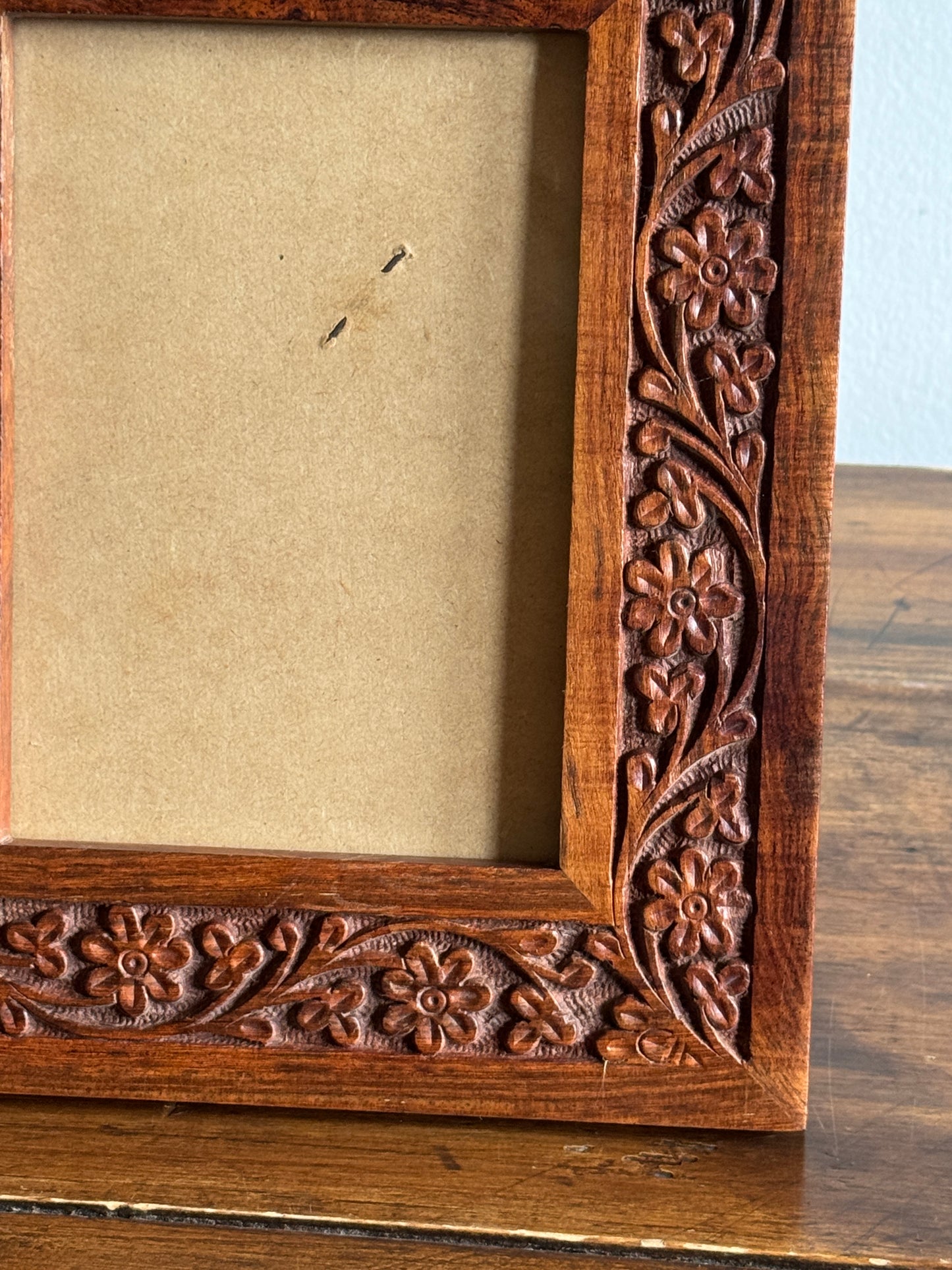 Wood Carved Picture Frame with Detailed Florals - Made in India