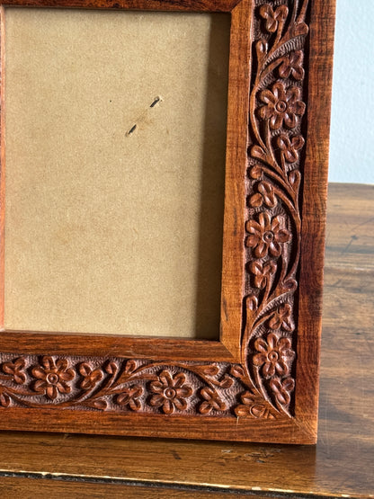 Wood Carved Picture Frame with Detailed Florals - Made in India
