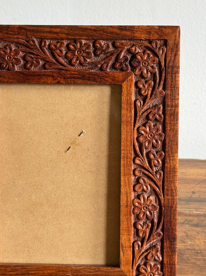 Wood Carved Picture Frame with Detailed Florals - Made in India