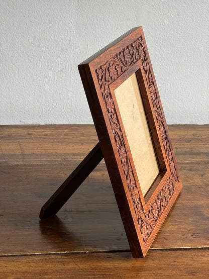 Wood Carved Picture Frame with Detailed Florals - Made in India