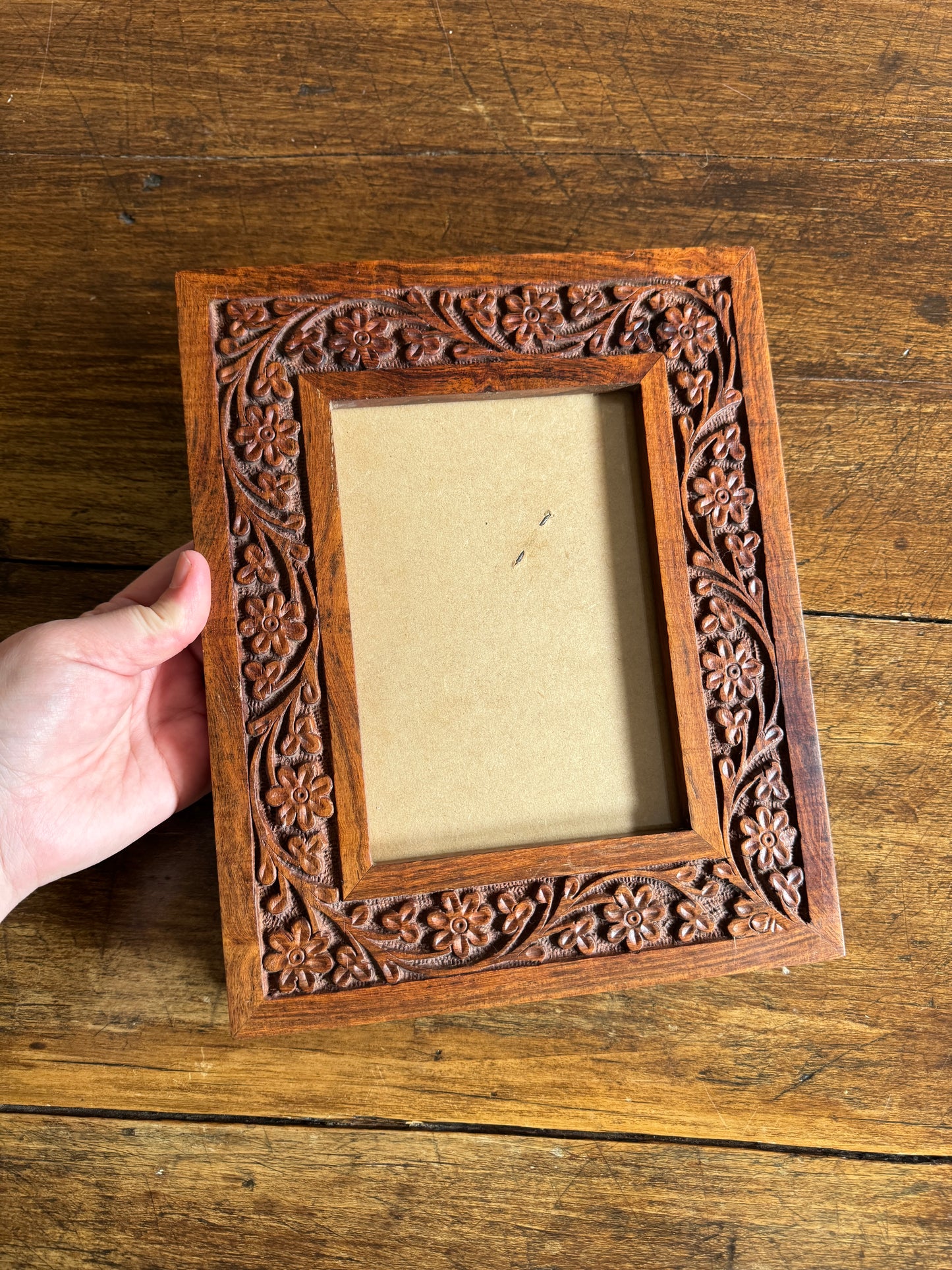 Wood Carved Picture Frame with Detailed Florals - Made in India