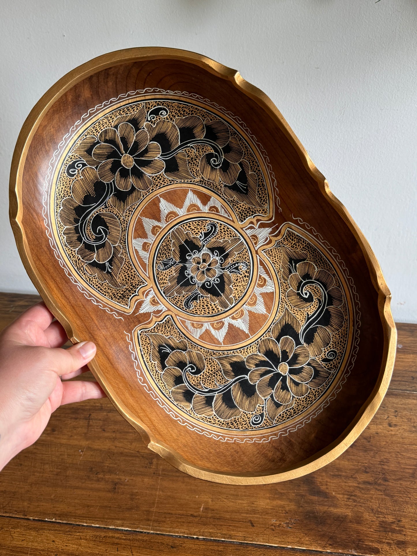 Vintage Mexican Tole Painted Wood Bowl - Made in Mexico