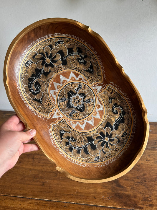 Vintage Mexican Tole Painted Wood Bowl - Made in Mexico