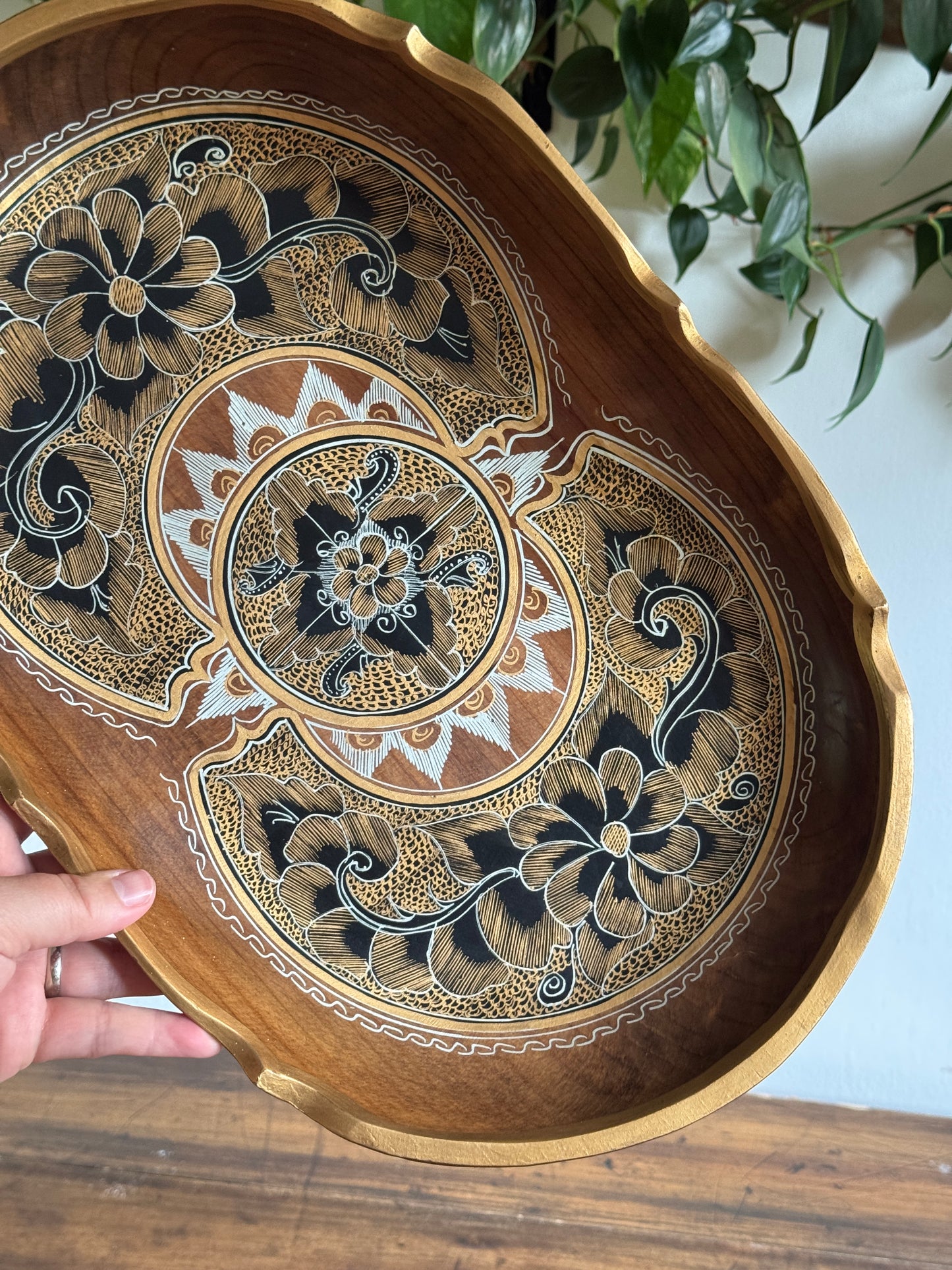 Vintage Mexican Tole Painted Wood Bowl - Made in Mexico