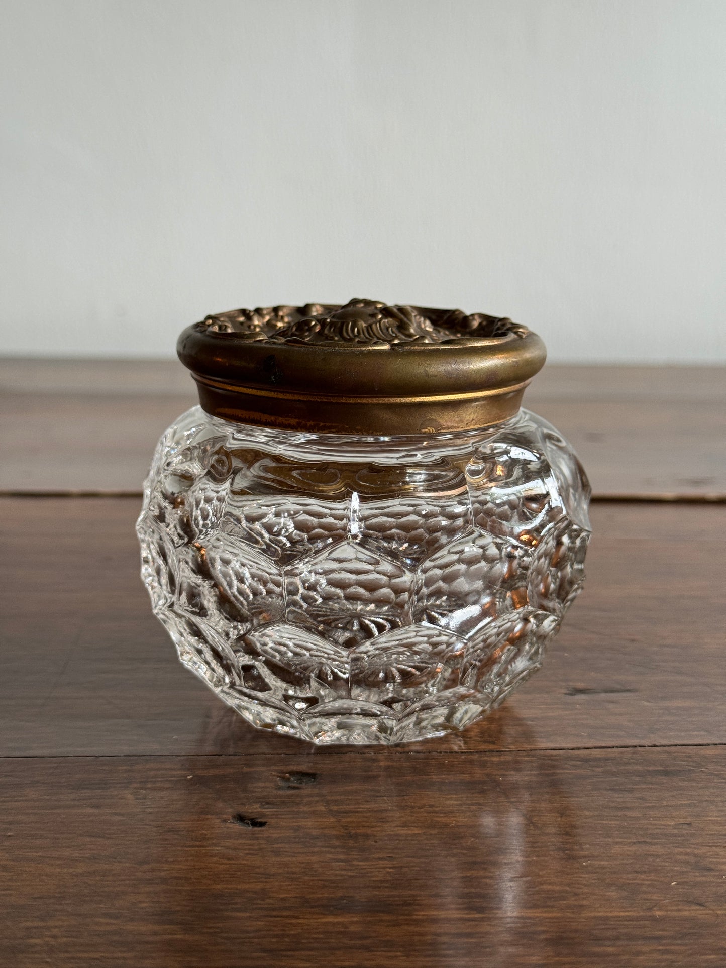 Vintage Vanity Powder Jar with Clear Glass Jar with Brass Lid