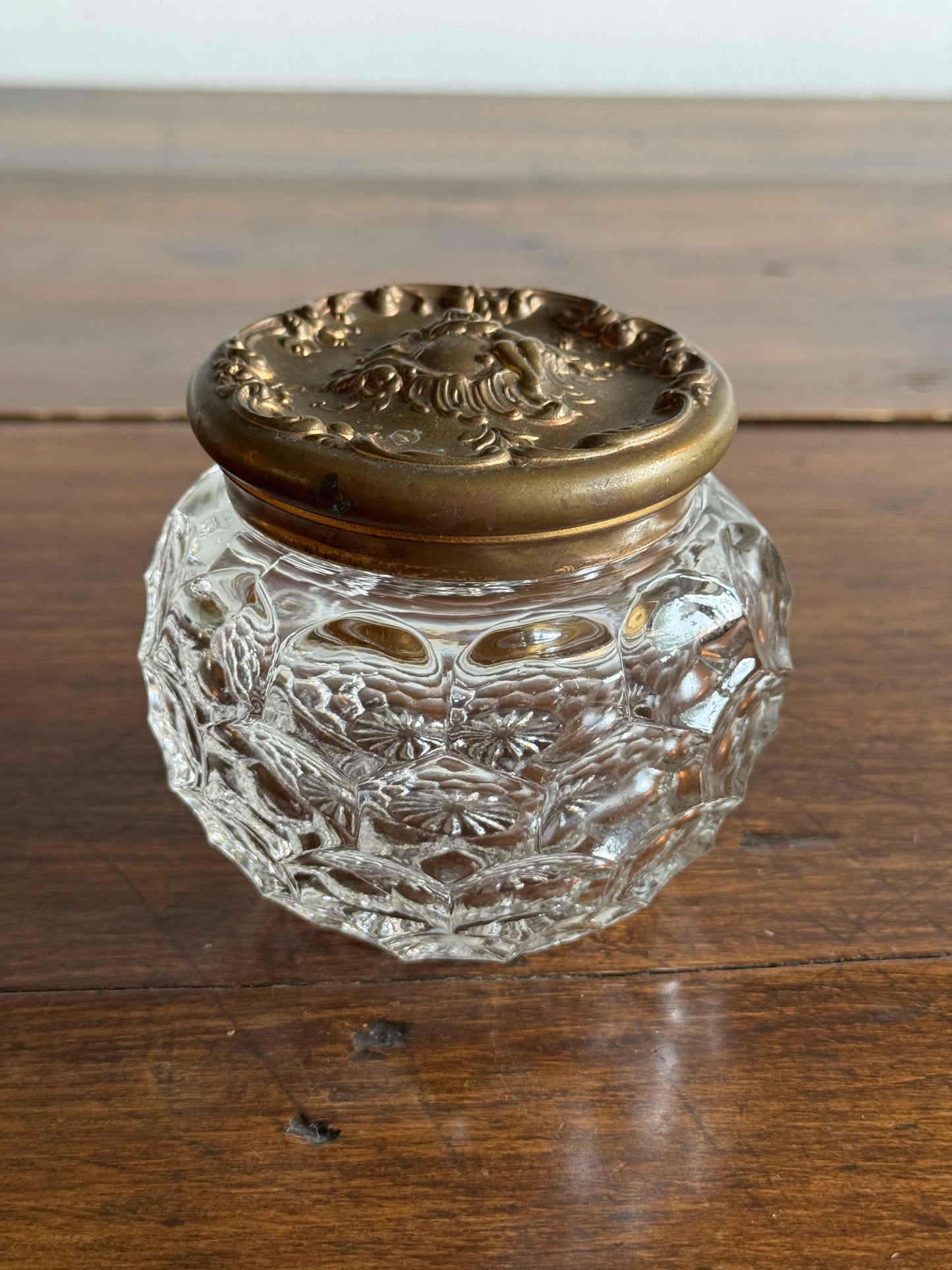 Vintage Vanity Powder Jar with Clear Glass Jar with Brass Lid