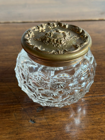 Vintage Vanity Powder Jar with Clear Glass Jar with Brass Lid