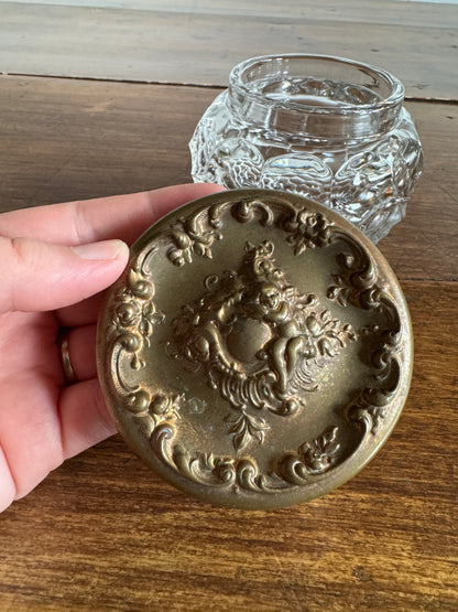 Vintage Vanity Powder Jar with Clear Glass Jar with Brass Lid