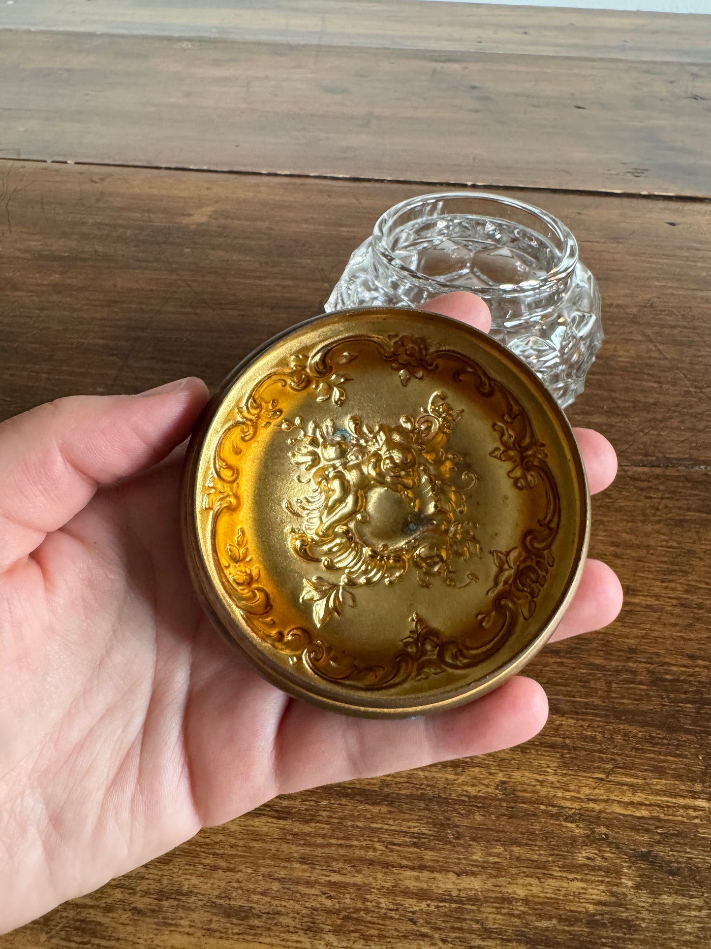 Vintage Vanity Powder Jar with Clear Glass Jar with Brass Lid