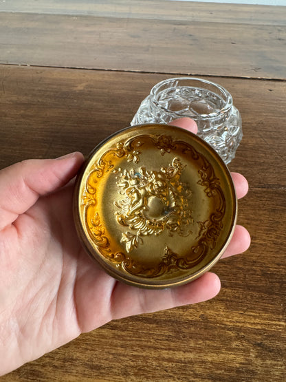 Vintage Vanity Powder Jar with Clear Glass Jar with Brass Lid