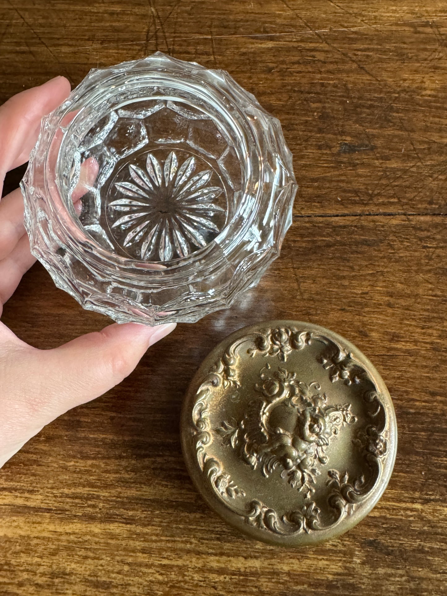 Vintage Vanity Powder Jar with Clear Glass Jar with Brass Lid