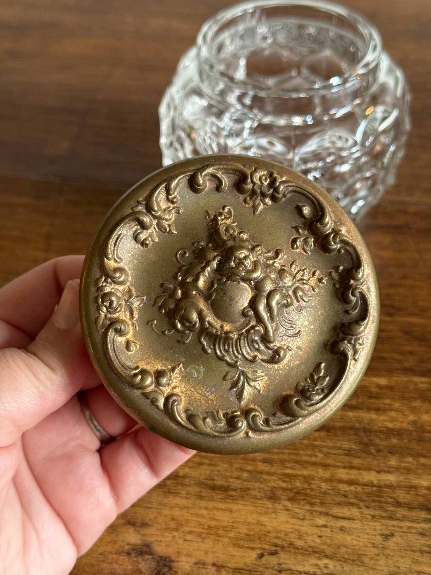Vintage Vanity Powder Jar with Clear Glass Jar with Brass Lid