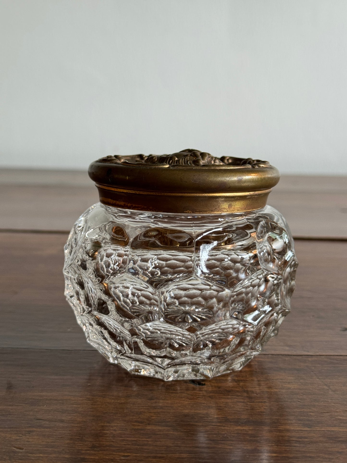 Vintage Vanity Powder Jar with Clear Glass Jar with Brass Lid