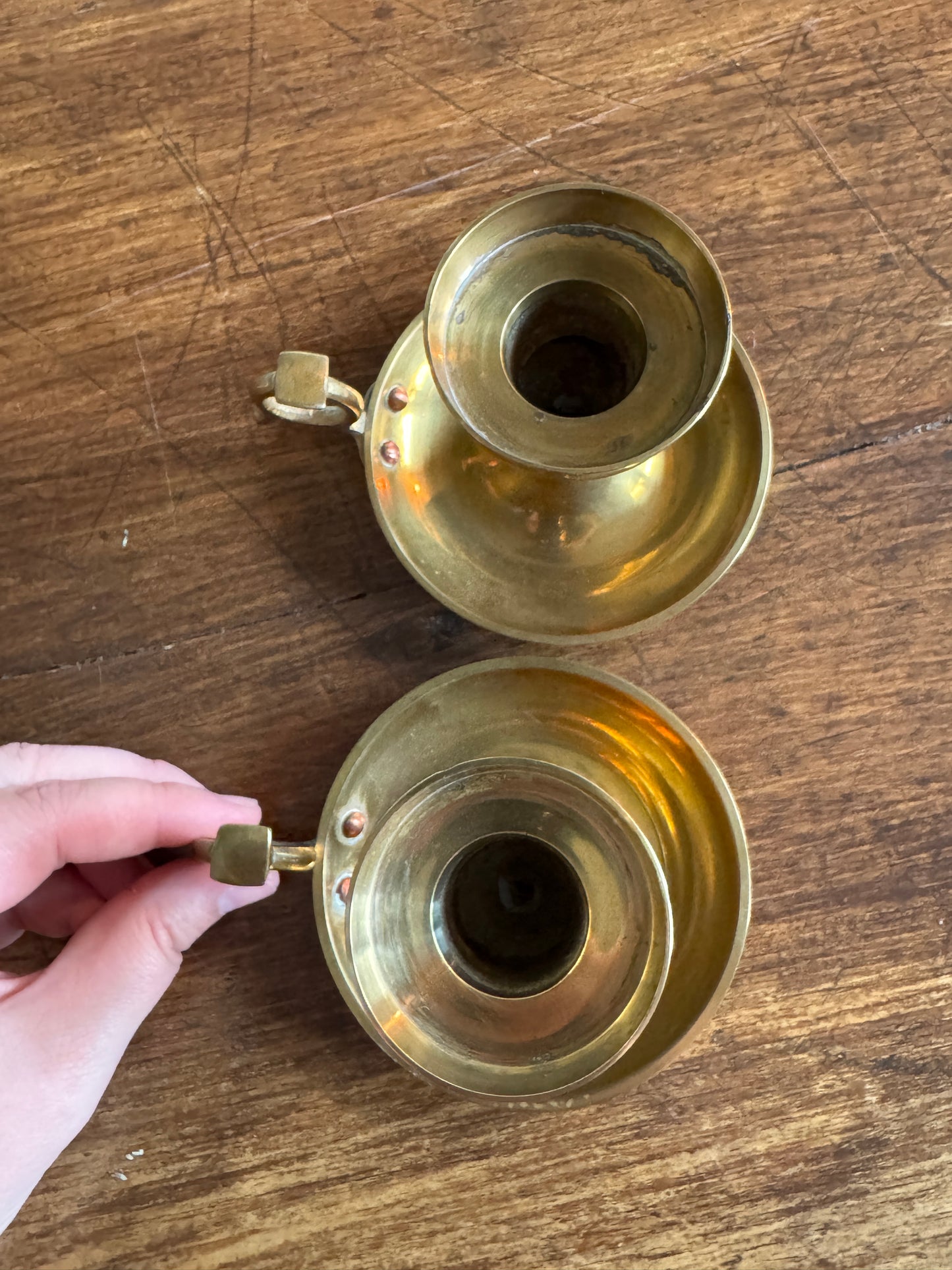 Set of Two Brass Candle Holders with Finger Loops - Made in India