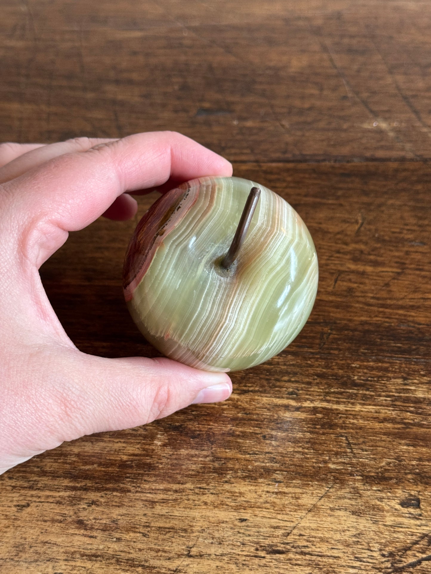 Vintage Carved Stone Apple Paperweight with Metal Stem