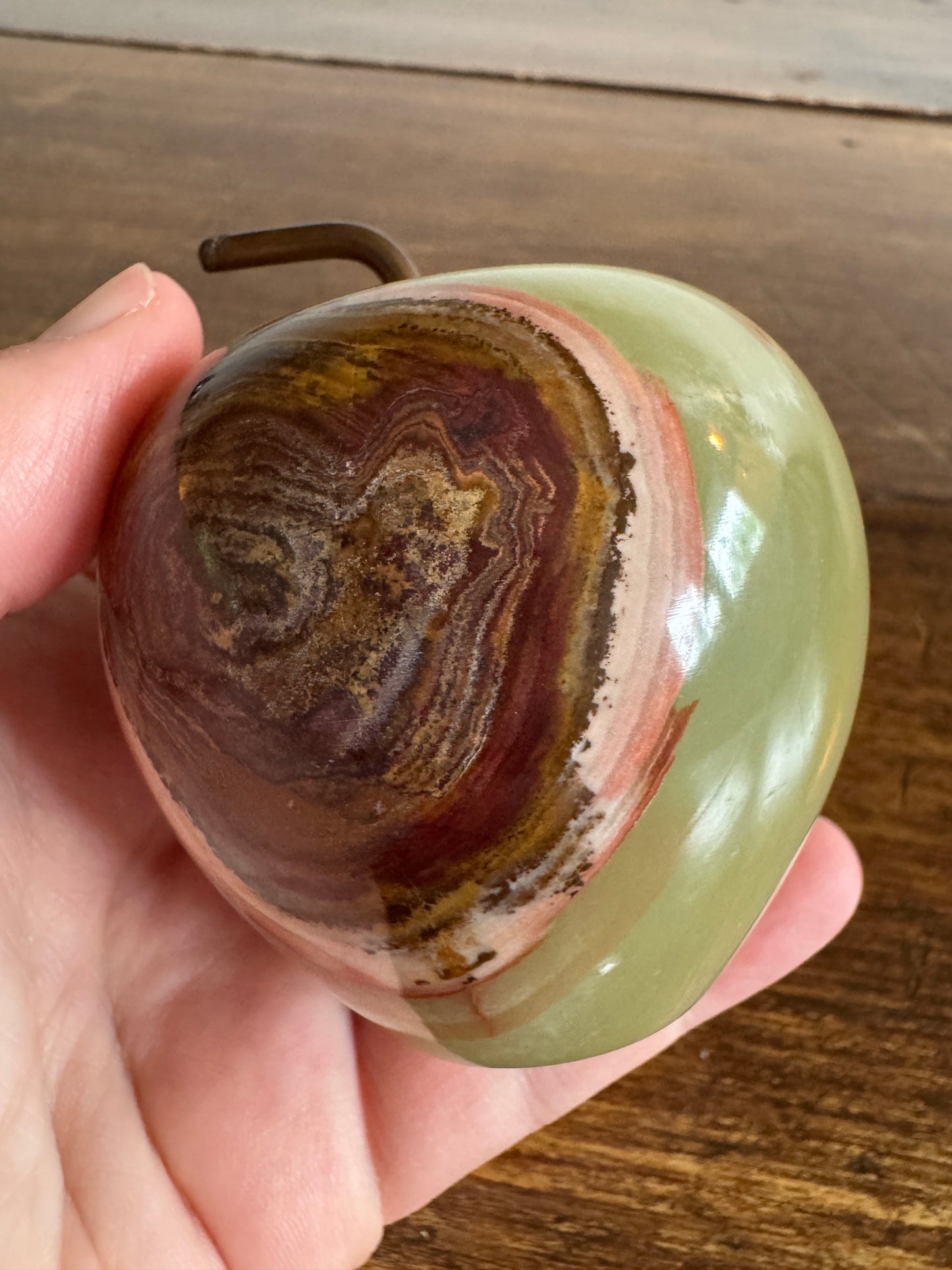 Vintage Carved Stone Apple Paperweight with Metal Stem