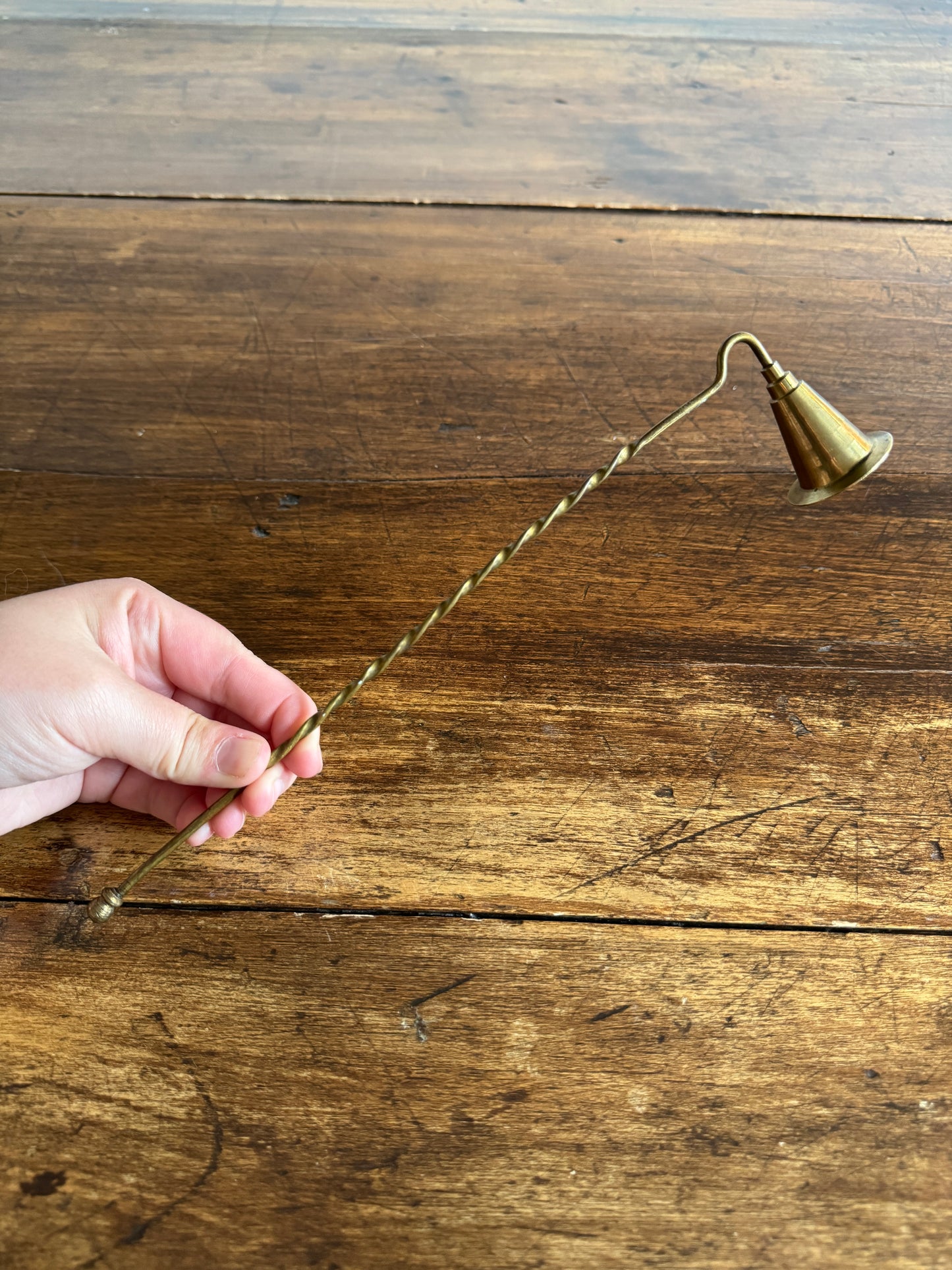 Vintage Brass Candle Snuffer with Twisted Handle and Cone Snuff