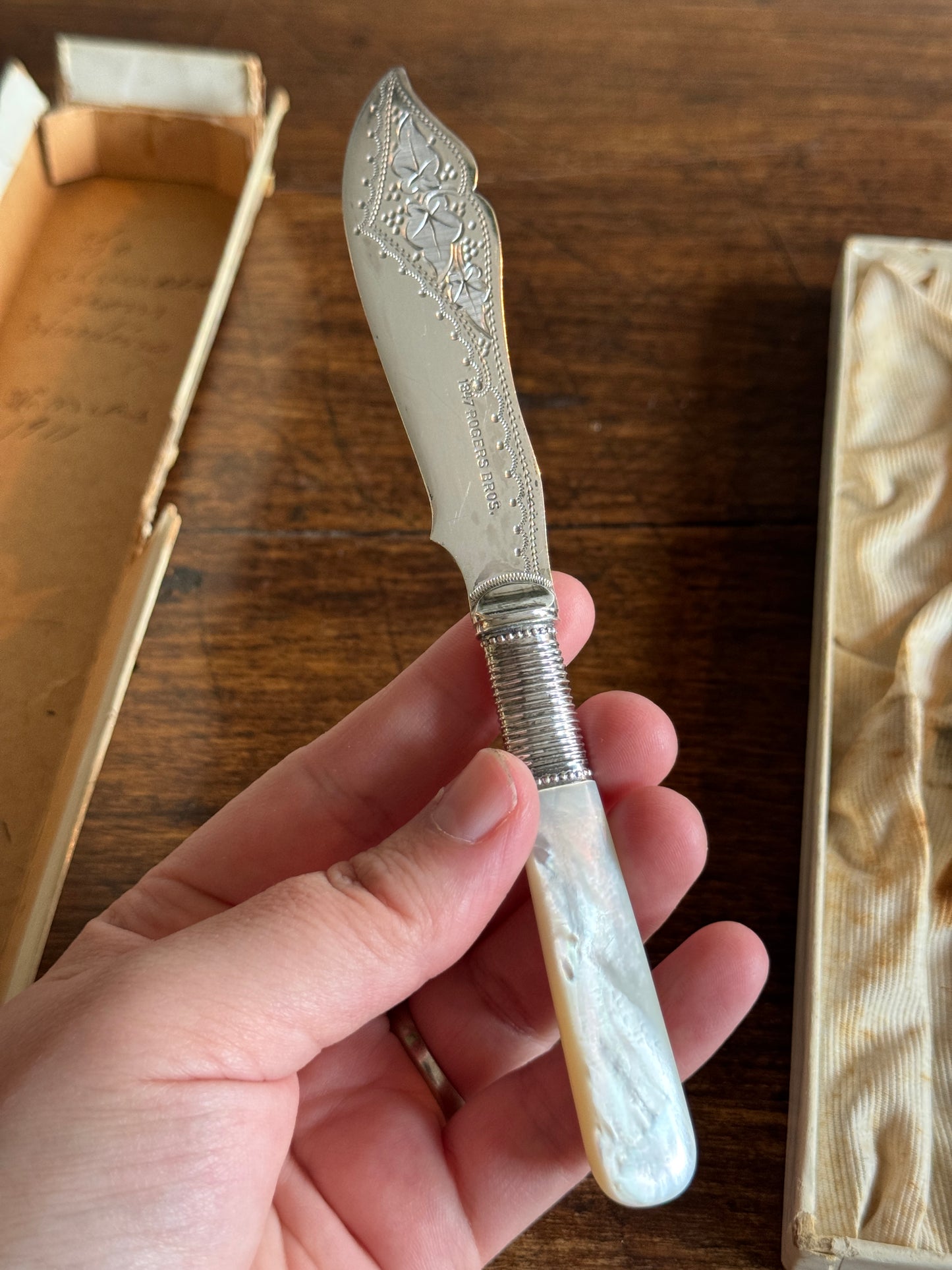 Antique Butter Knife with Sliver Plated Spreader and Mother Of Pearl Handle