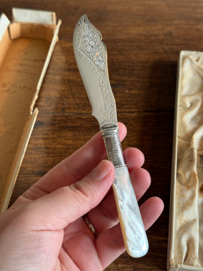 Antique Butter Knife with Sliver Plated Spreader and Mother Of Pearl Handle