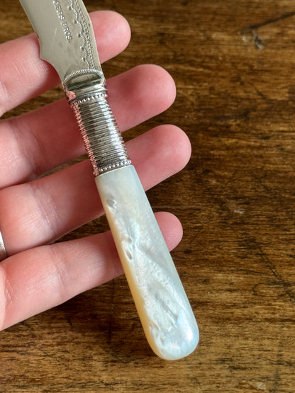 Antique Butter Knife with Sliver Plated Spreader and Mother Of Pearl Handle
