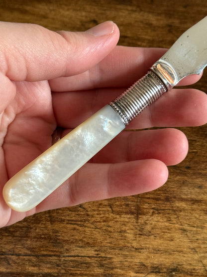 Antique Butter Knife with Sliver Plated Spreader and Mother Of Pearl Handle