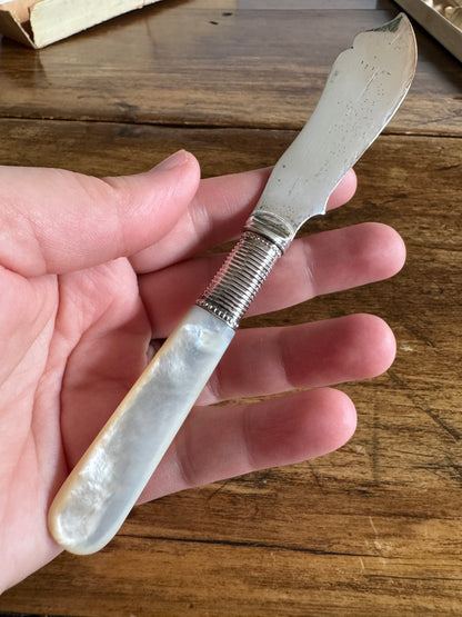 Antique Butter Knife with Sliver Plated Spreader and Mother Of Pearl Handle