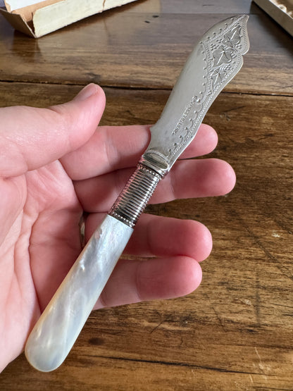 Antique Butter Knife with Sliver Plated Spreader and Mother Of Pearl Handle