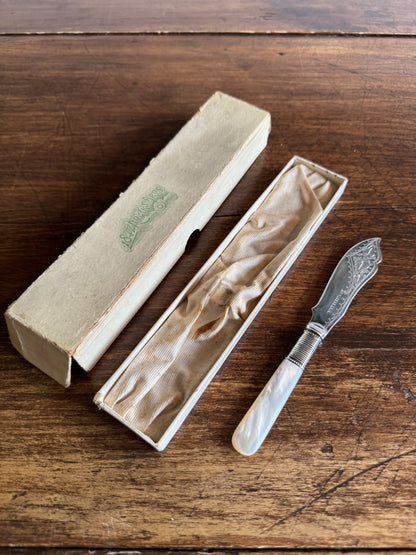 Antique Butter Knife with Sliver Plated Spreader and Mother Of Pearl Handle