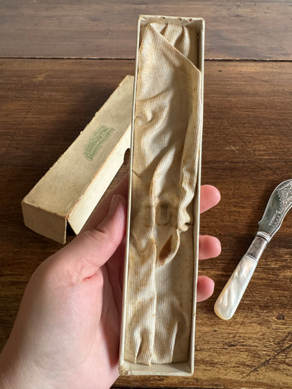 Antique Butter Knife with Sliver Plated Spreader and Mother Of Pearl Handle