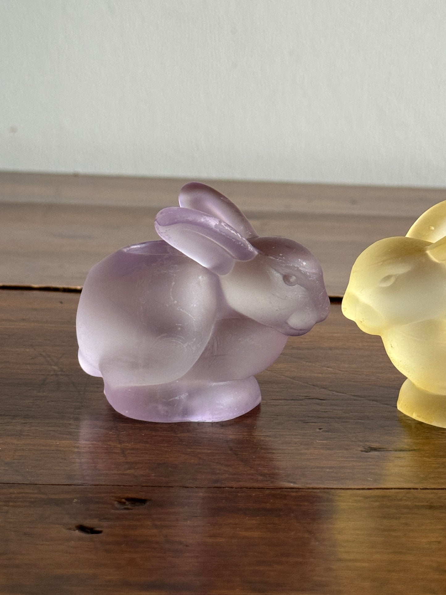 Pair of Frosted Glass Bunny Rabbit Candle Holders - Purple and Yellow Spring Decor