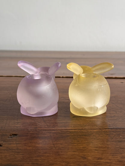 Pair of Frosted Glass Bunny Rabbit Candle Holders - Purple and Yellow Spring Decor