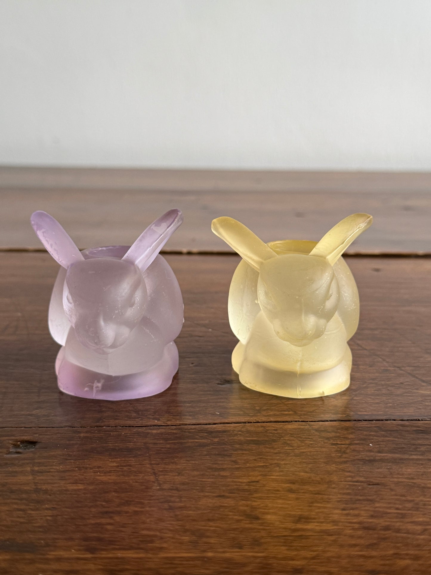 Pair of Frosted Glass Bunny Rabbit Candle Holders - Purple and Yellow Spring Decor